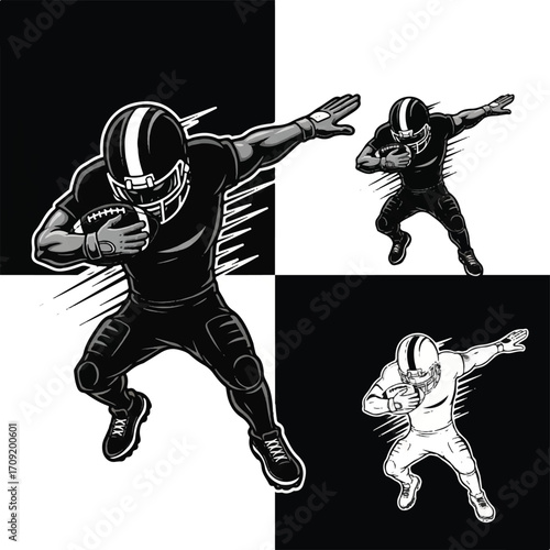 American football player dabbing in black and white illustration.