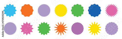 Star round sticker tag icon shape set. Circle starburst label shape for promo, sale, price offer badge sticker. Round tag shape vector icon. Sale, promo label graphic design. Vector illustration.

