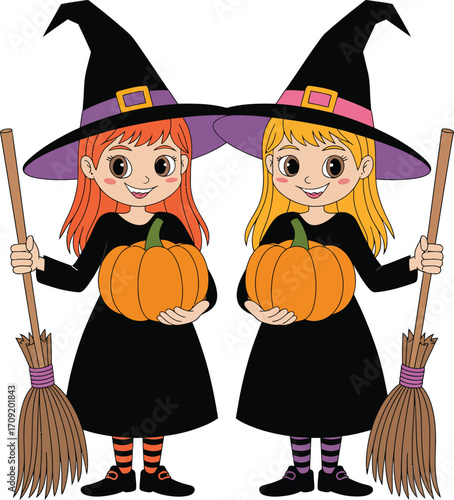 Two cute cartoon witches holding pumpkins and brooms ready for halloween fun