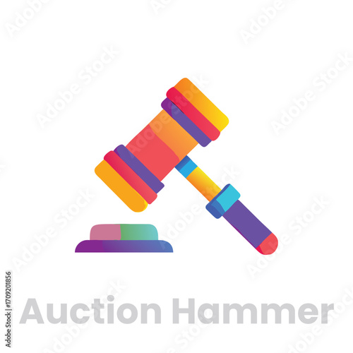 Illustration of an auction hammer with vibrant colors, symbolizing bidding, finance, and legal proceedings on white background