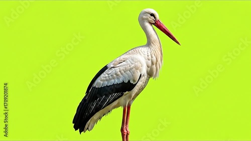Elegant stork stands poised against vibrant greenscreen background
