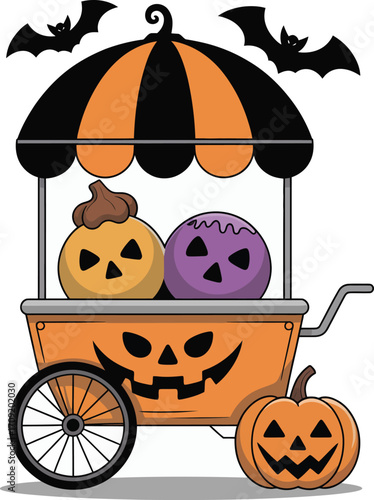 Whimsical halloween pumpkin cart with spooky jack o lanterns and flying bats