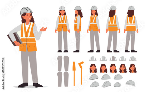 Woman construction engineer in helmet, vest, uniform. Character constructor for animation. Front, side and back view set. Body parts, postures, poses collection. Vector illustration.