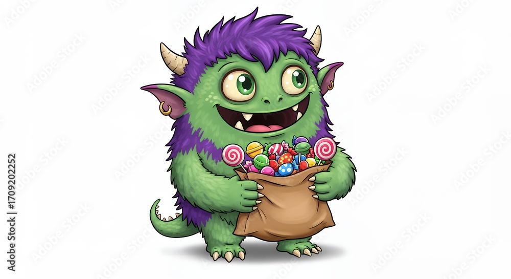 Fototapeta premium Cute monster holding bag of candies