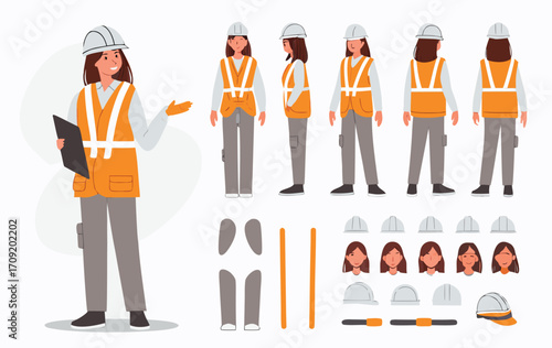 Woman construction engineer in helmet, vest, uniform. Character constructor for animation. Front, side and back view set. Body parts, postures, poses collection. Vector illustration.