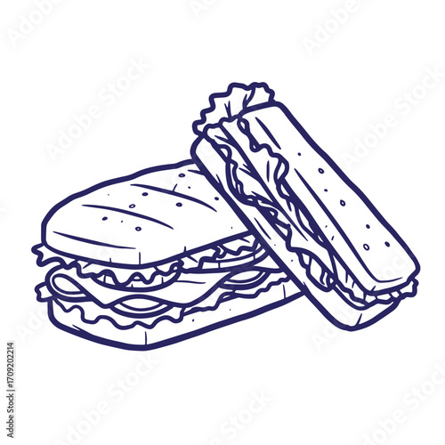 Delicious hand drawn illustration of two gourmet sandwiches with fresh lettuce and ingredients