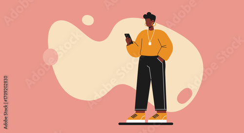 A stylish young Black man, dressed in casual attire, stands confidently while engrossed in his smartphone, connecting with the digital world.