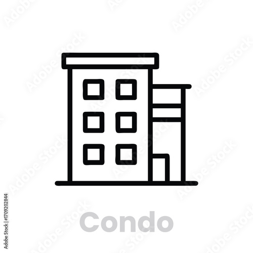 Condo building icon isolated on white background minimalist line drawing of a condominium with square windows, representing urban living and real estate