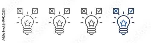 
outline icon set testing with light bulb, star and plus and tick signs design
