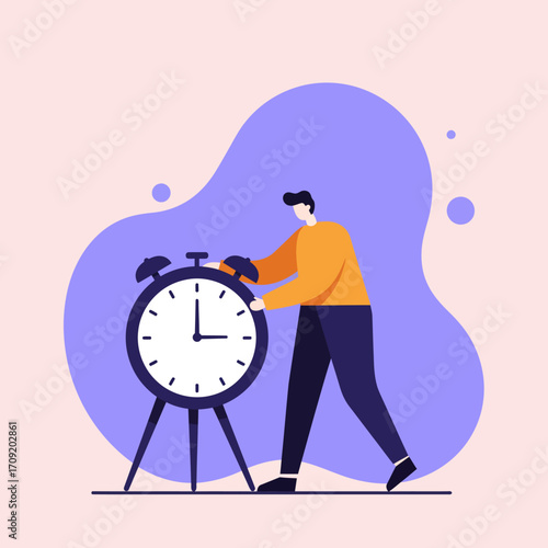 Man adjusting a large alarm clock, symbolizing time management, punctuality, and productivity for business and daily life concepts.