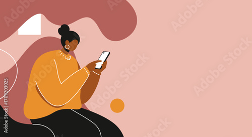 Modern woman using smartphone for communication, social media, or online tasks. Represents digital connection, lifestyle, technology, and leisure.