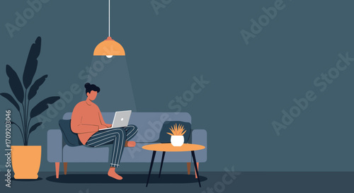 A person works remotely from their comfortable home sofa, illuminated by a warm lamp, embodying modern digital nomad lifestyle.