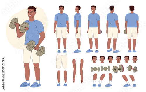 Sporty man wearing fitness clothes holding dumbbells. Character constructor for animation. Front, side and back view set. Body parts, postures, poses collection. Vector illustration. 