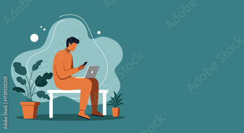 Young man multitasking, working on laptop and checking phone in a relaxed, green setting. Perfect for remote work, digital nomad, and business concepts.
