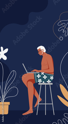 Man working remotely on a laptop in a comfortable armchair. Illustrates productivity, freelance lifestyle, and online learning from home.