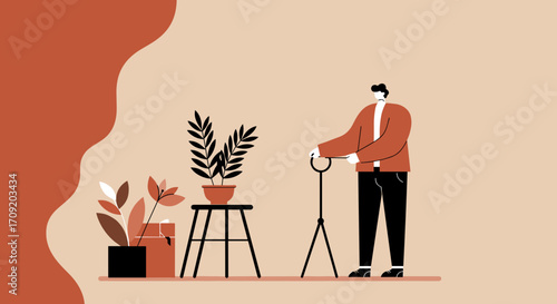 Relaxed person sitting on the floor, using a tablet next to a plant and lamp, embodying remote work, education, or leisure at home. Ideal for lifestyle, technology, or business concepts.