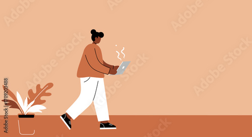 An illustration of a person walking with a smoking laptop, symbolizing the intensity and mobility of modern digital work, set against a warm, minimalist background.