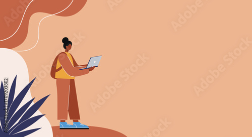 Modern person using a laptop with a backpack, representing remote work, online learning, and digital lifestyle. Ideal for technology, business, and education themes.