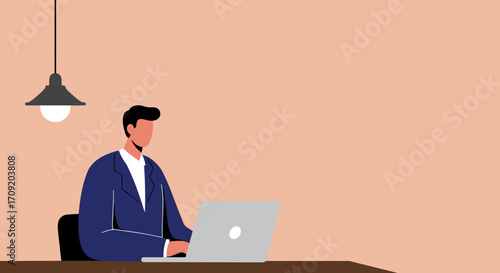 A focused businessman in a smart blue suit effectively utilizes his laptop at a clean desk, under a stylish lamp, symbolizing modern work.