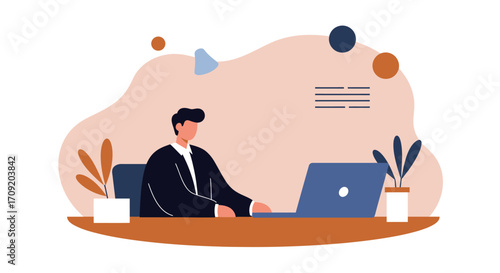 Professional man working on a laptop at a desk, representing productivity, remote work, and modern business operations.