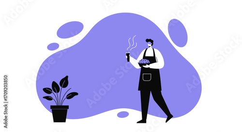 Barista or baker in an apron, holding a hot beverage and fresh pastries. Ideal for coffee shops, catering, and culinary themes.