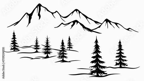 Stunning mountain range with evergreen trees, perfect for wilderness adventure designs and scenic outdoors themes