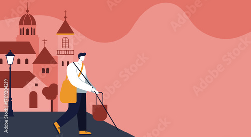 A minimalist illustration of a man with a backpack and a shopping bag, walking through a city with historic buildings. Represents urban travel and exploration.