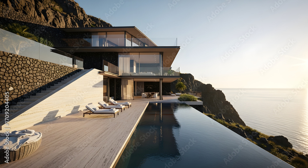 Fototapeta premium Luxury Cliffside Villa with Infinity Pool Overlooking the Ocean at Sunset