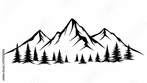 Majestic mountain range silhouette with evergreen trees, ideal for outdoors adventure logo designs