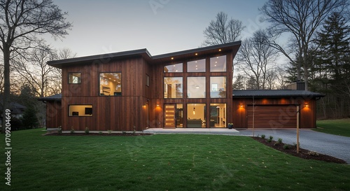 Modern wood home exterior evening