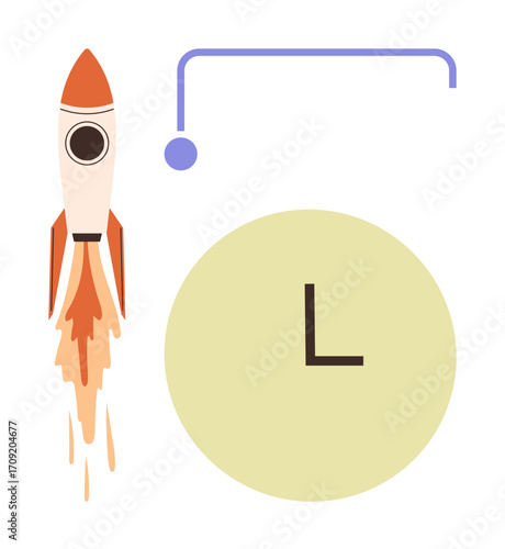 Rocket taking off with trail of fire next to minimalistic clock and flowchart line. Ideal for innovation, productivity, efficiency, planning, success, goals, startups. Simple flat metaphor