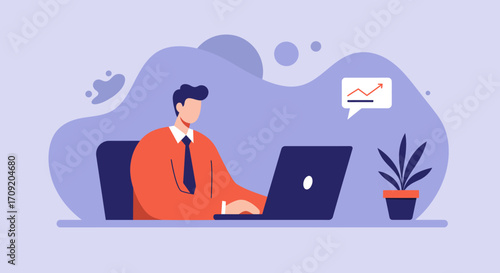 Dedicated professional working on a laptop, with a graph indicating business growth and success. Represents analysis, productivity, and finance.