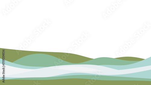 Stylized abstract landscape with rolling green hills and serene blue-white curves, depicting nature's tranquility. Ideal for environmental themes, web backgrounds, or minimalist designs.