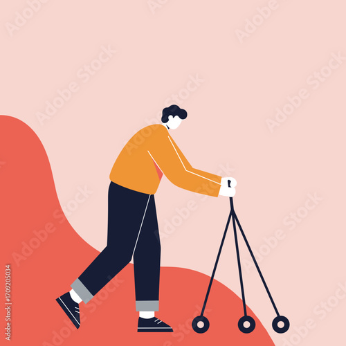 Illustration of a person with visual impairment navigating independently with a white cane. Concept of accessibility and support.