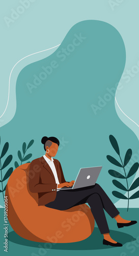 Young person working on a laptop from a comfortable home balcony, illustrating flexible work, productivity, and a relaxed lifestyle.