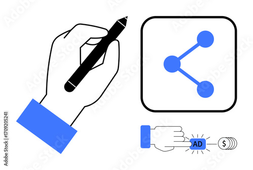 Hand holding a pen, a connectivity sharing icon, and hand interacting with ad button. Ideal for digital marketing, networking, advertising, content sharing, online interactions, social media simple