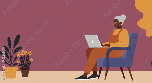 Young man working focused on laptop at modern desk with plant and lamp in minimalist home office. Remote work, productivity, digital lifestyle.