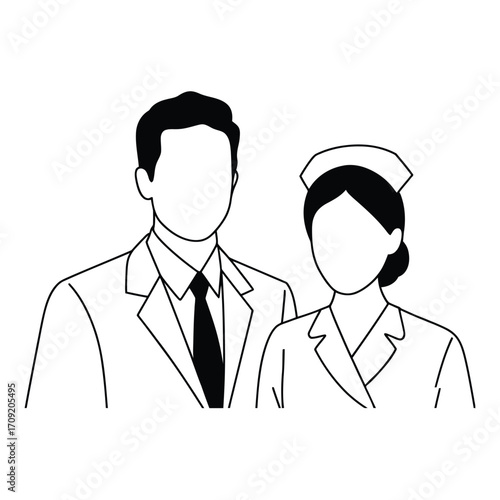 Stylized line art illustration of a male doctor and female nurse standing together