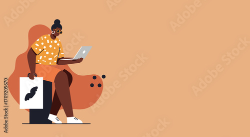 Young woman working comfortably on her laptop, depicting remote work, freelance, or online learning. Modern digital lifestyle illustration.