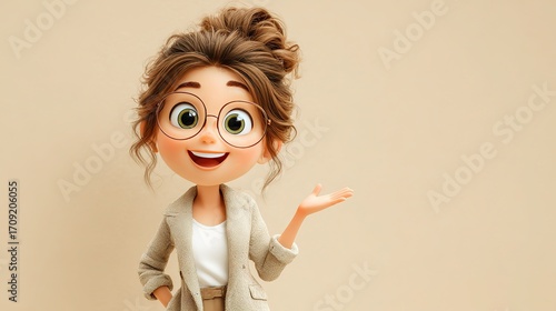 Cartoon woman with round glasses and a bun, wearing a beige blazer, presenting with an open hand against a plain beige background, looking cheerful.