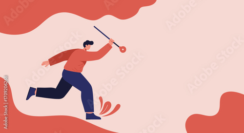 A determined male athlete in a dynamic flat illustration style runs with a stick, preparing for a throw against an abstract background.
