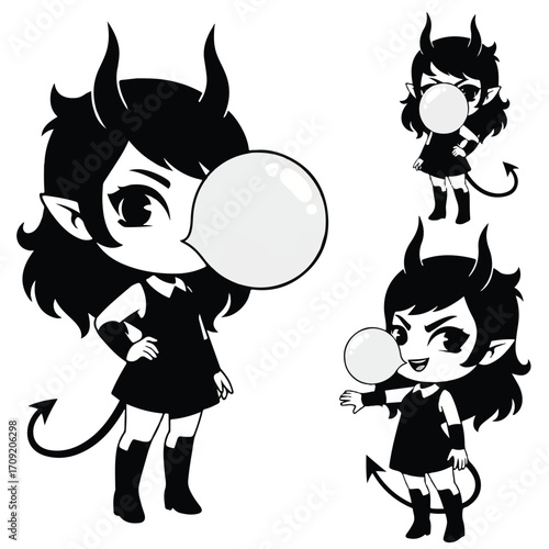 Black and white cartoon illustrations of a devil girl blowing a bubble gum bubble.