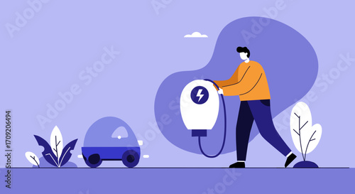 A person efficiently charges their contemporary electric vehicle at a public station, emphasizing sustainable energy and eco-friendly transport solutions.