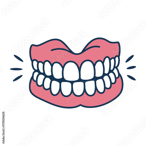 Cartoon illustration of a set of dentures with a wide happy smile and sparkling teeth
