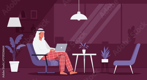 Person in headphones focused on laptop with stylus at desk, potted plant nearby. Concept for remote work, online learning, or digital creative business.
