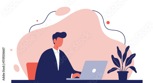Focused businessman in a suit working diligently on his laptop, embodying productivity and a modern professional lifestyle.