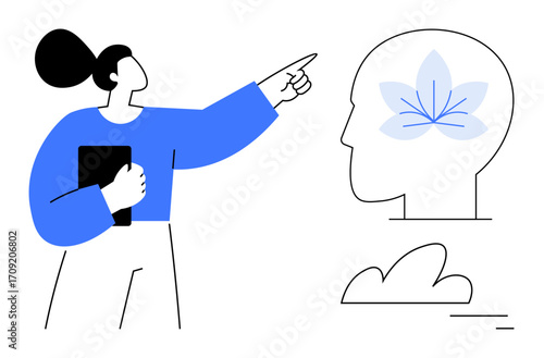 Person pointing to head silhouette with flower motif, representing creativity. Includes minimalist cloud drawing. Ideal for mindfulness, growth, mental health, therapy, education, creativity