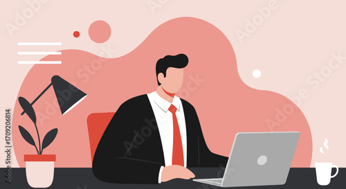 A professional businessman in a sleek suit diligently operates his laptop at a modern desk, embodying productivity and efficient remote operations.