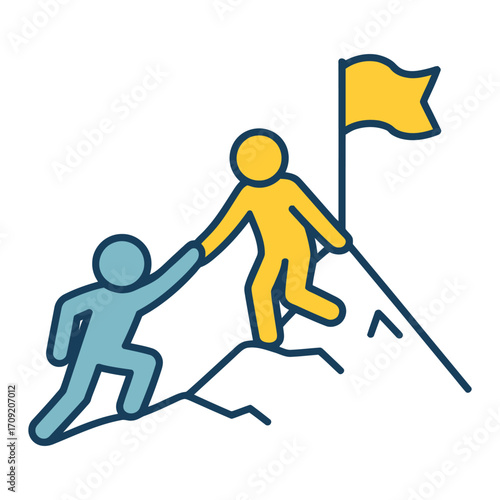 Two stick figures climbing a mountain helping each other reach the summit with a flag