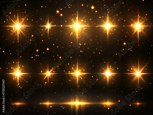 Abstract Dark Night Sky/Deep Space Scene: Golden Glow, Stars with Cross Light Effects & Bottom Reflections (Ethereal Sparkle)